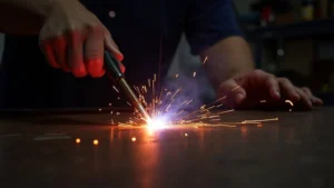 The image shows a stick welder circuit breaker tripping, illustrating troubleshooting for blowing fuses.