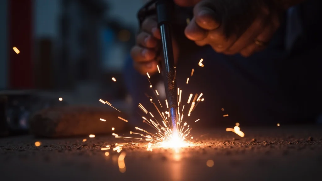 The image shows a close-up of a stick welder's cable connection, illustrating a potential issue for troubleshooting.