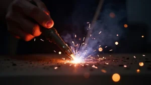 The image shows a broken welding electrode, illustrating a common stick welder electrode breaking issue and its fix.