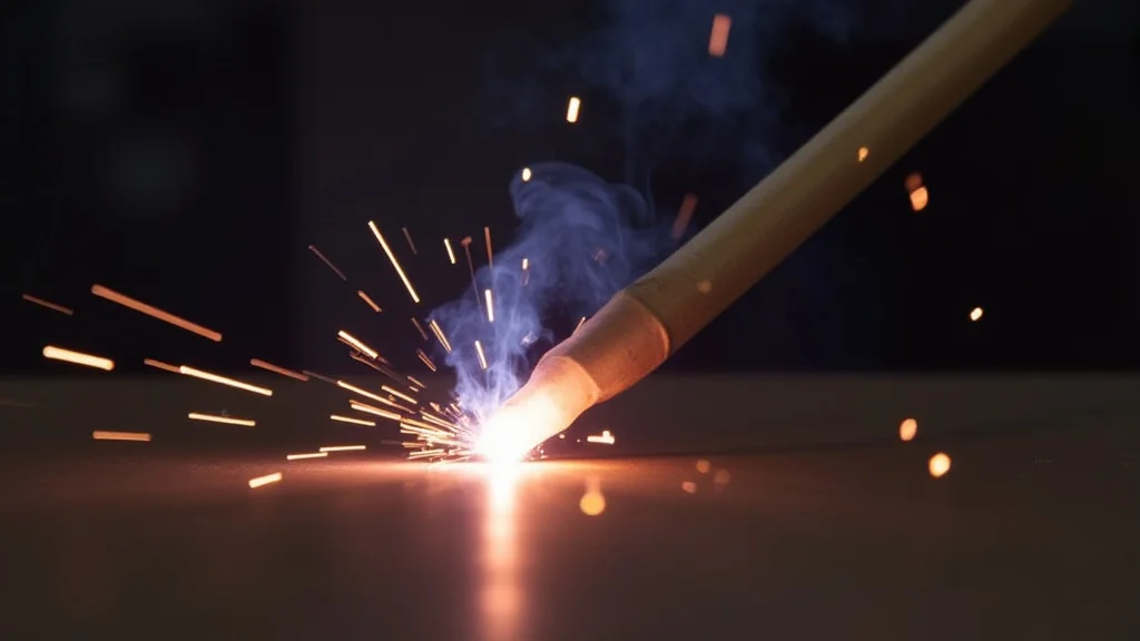 The image shows a stick welder electrode inside a clamp, with a focus on troubleshooting issues.