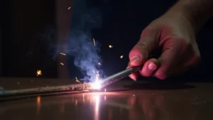 The image shows a stick welder electrode stuck to a workpiece, illustrating the problem.