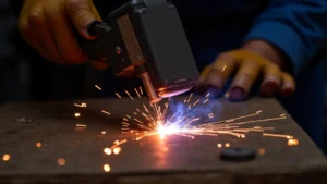 The image shows a close-up of a stick welder's faulty switch, hinting at an easy fix.