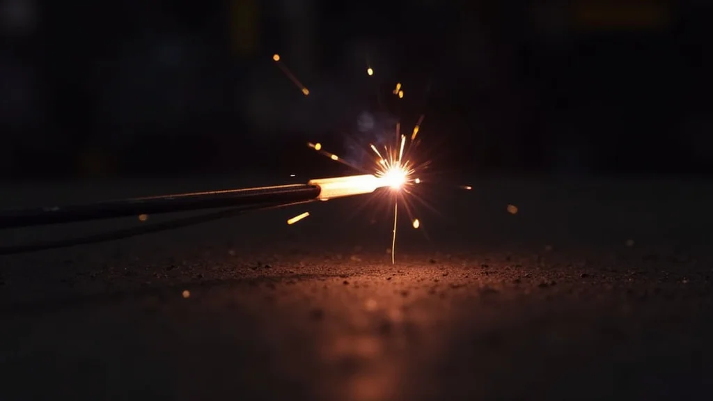 The image shows a close-up of a stick welder's electrode holder and welding rod, illustrating a potential fix.