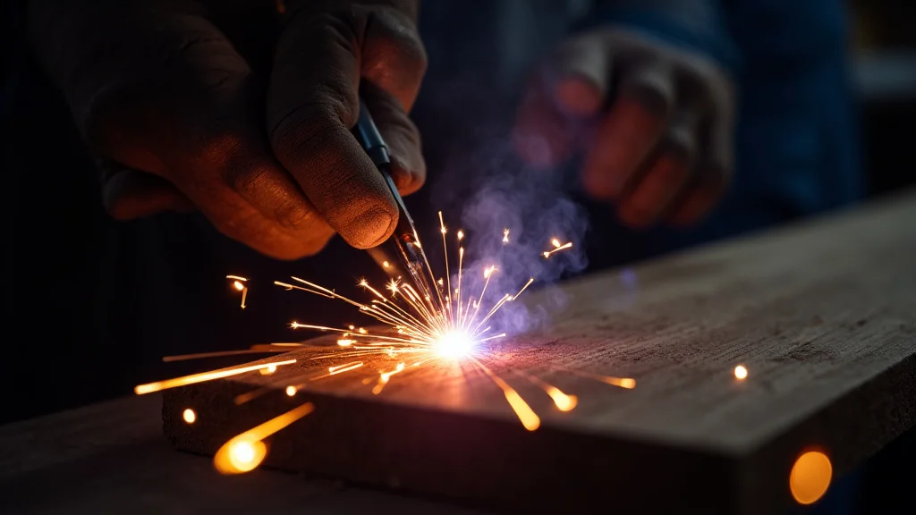 The image shows a close-up of a stick welder and electrode, potentially illustrating a weak arc.