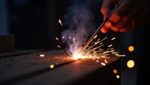 The image shows a welder's hand holding a stick electrode that is stuck to the workpiece.