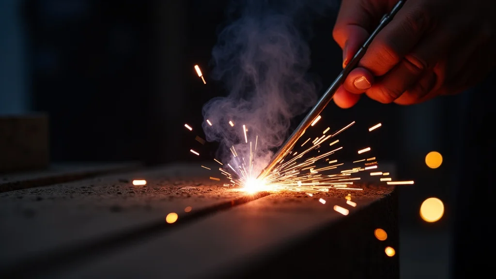 The image shows a welder's hand holding a stick electrode that is stuck to the workpiece.