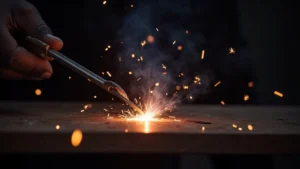 The image shows a stick welding rod stuck to a workpiece, illustrating the common troubleshooting issue.