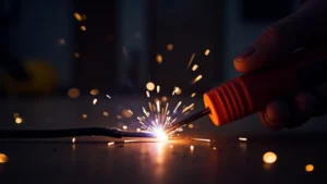 The image shows a stick welder with a short arc, illustrating common troubleshooting scenarios.