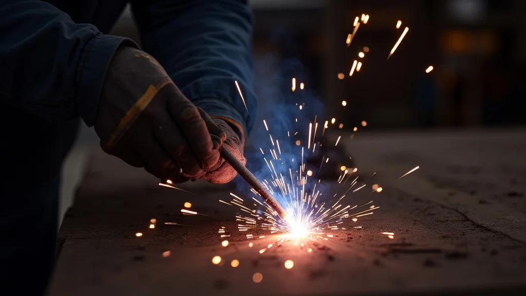 The image shows a welder demonstrating a stick welder short arc troubleshooting technique for a clean weld.