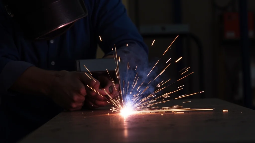 The image shows a stick welder, its arc extinguished, implying it stopped mid-job for troubleshooting.