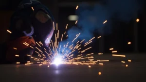 The image shows a stick welder mid-weld, highlighting a quick fix solution.