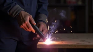The image shows a stick welder setup, ready for quick troubleshooting for common welding issues.