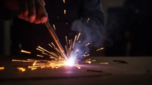 The image shows a stick welding machine and cables, illustrating stick welder voltage drop and its easy fix.