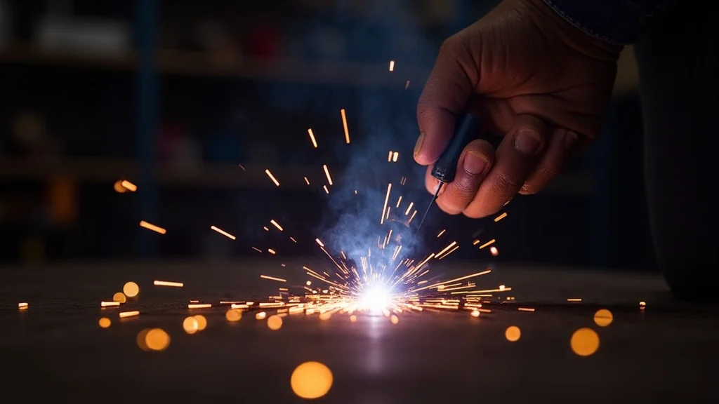 The image shows a welding torch creating a sputtering arc, suggesting weak stick welder power.