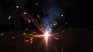 The image shows a close-up of a stick welder's electrode tip, illustrating potential causes of a weak arc problem.