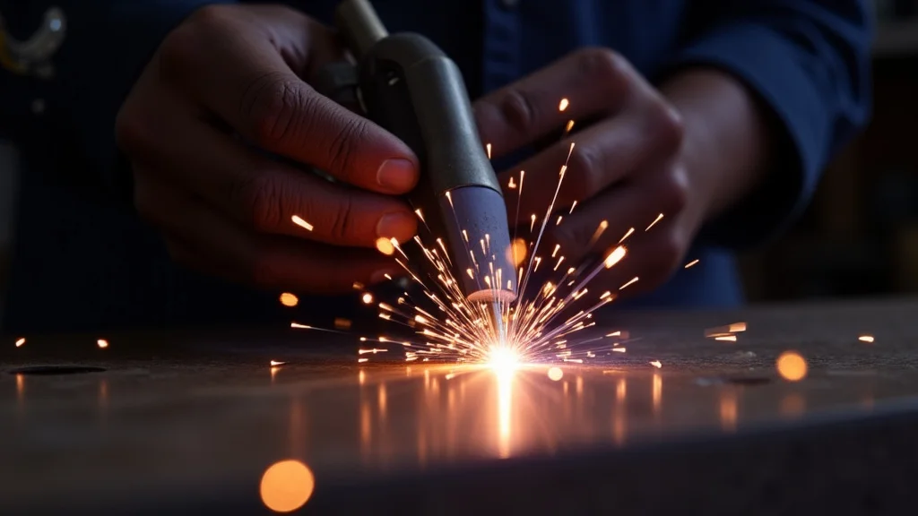 The image shows a close-up of a TIG welder's arc, with a solution to falling out.