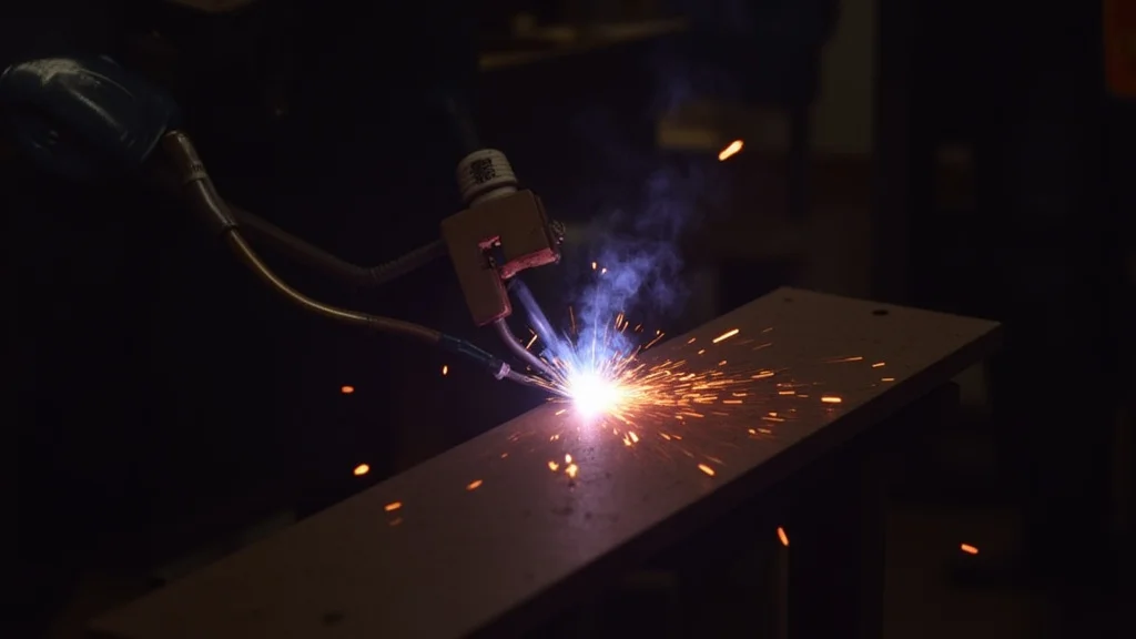 The image shows a TIG welding torch producing an unstable arc, illustrating a troubleshooting problem.