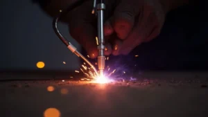 The image shows a TIG welder setup with a close-up on the arc, illustrating troubleshooting for an arc not hot enough.