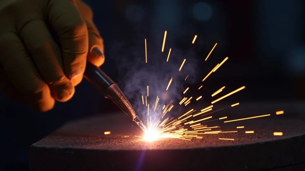 The image shows a close-up of a Tig welder's torch with an unstable arc, illustrating the quick fix topic.