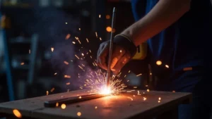The image shows a Tig welding torch creating a sputtering, unstable arc, hinting at the solution inside the article.