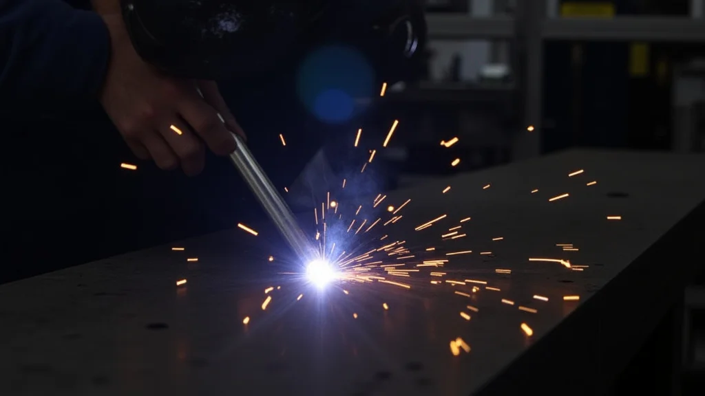 The image shows a welding machine, likely related to troubleshooting its clicking noise issue and steps to fix it.