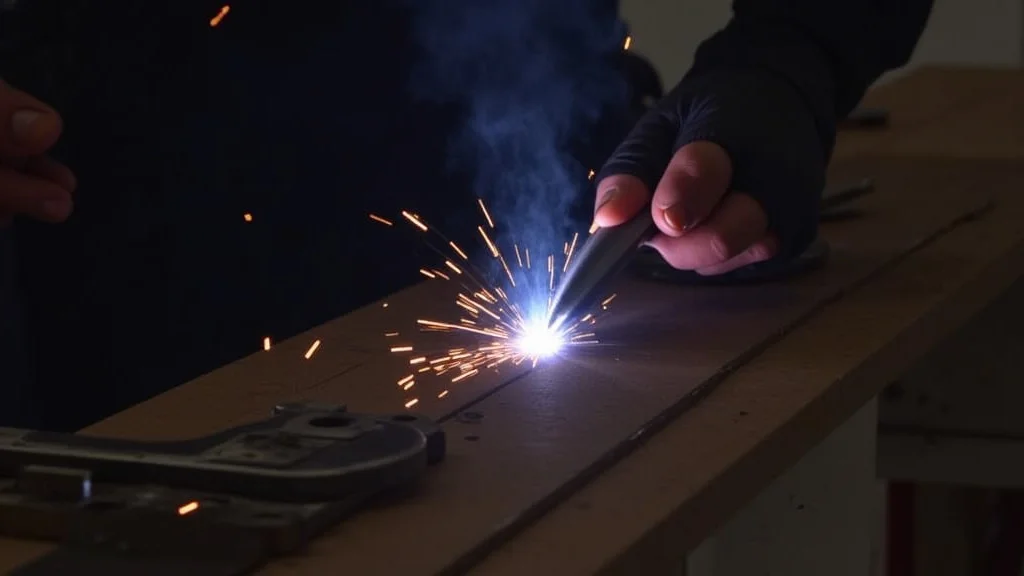 The image shows a technician examining a blown fuse in a welding machine for quick repair.