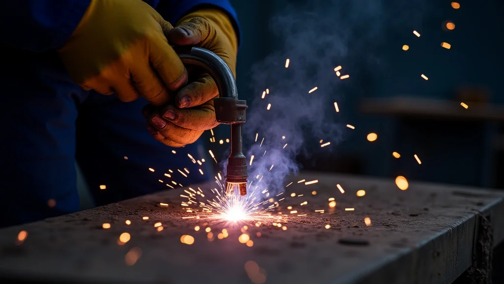 The image shows a mechanic inspecting a welding machine, illustrating troubleshooting tips for low voltage issues.