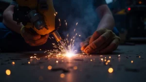 The image shows a welding machine motor with a technician examining its components for a quick fix.