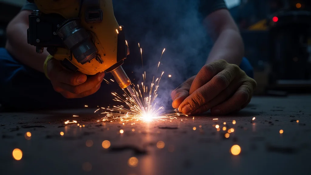 The image shows a welding machine motor with a technician examining its components for a quick fix.