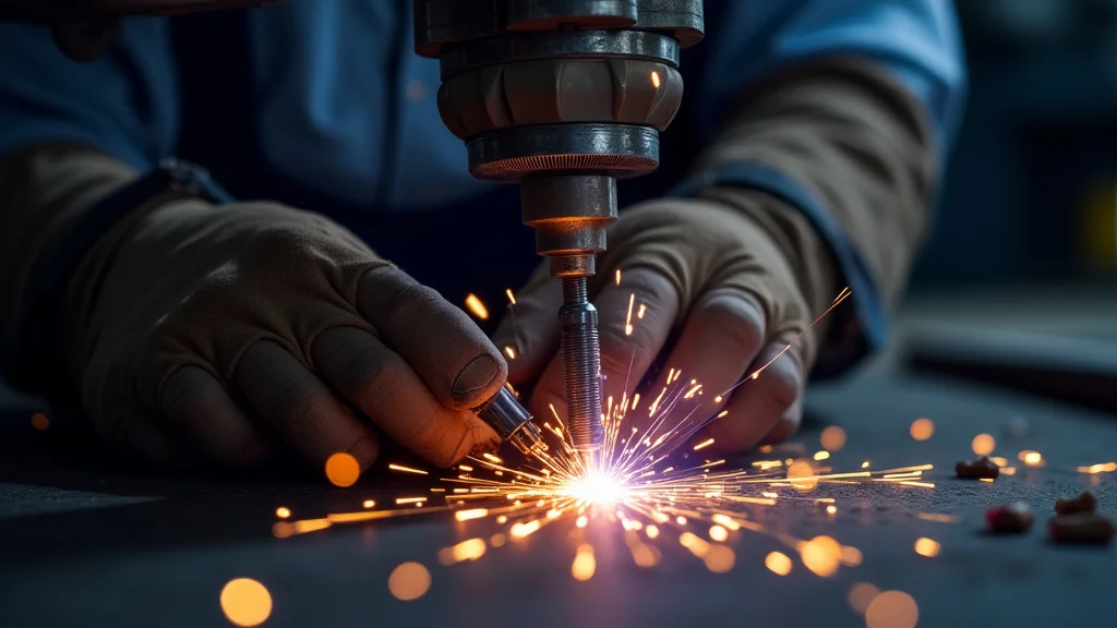 The image shows a mechanic inspecting a welding machine motor, troubleshooting potential problems.