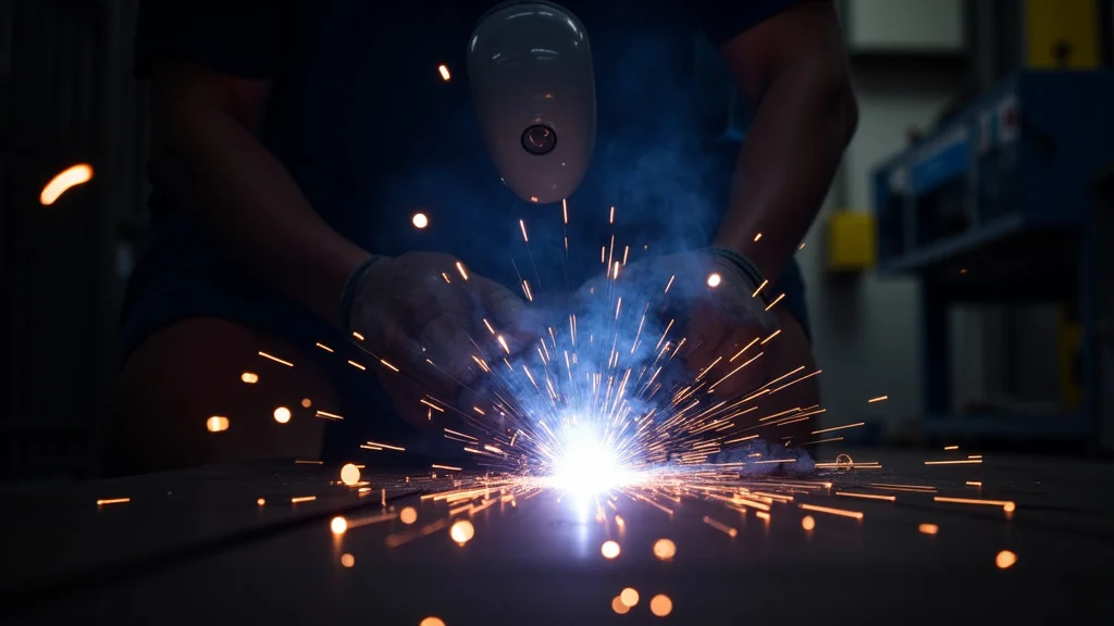 The image shows a technician examining a welding machine, possibly troubleshooting power issues.