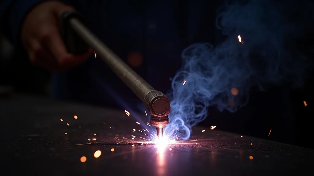 The image shows a welding machine with a close-up of its torch, illustrating an improper arc.