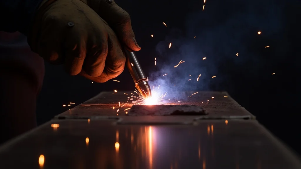 The image shows a welding machine with a warning light indicating an overheating issue, ready for repair.