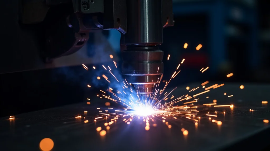 The image shows a welding machine with a connected diagnostic tool, illustrating a solved overload problem.