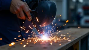 The image shows a welding machine's circuit breaker tripped due to an overload problem, illustrating a step for fixing it.