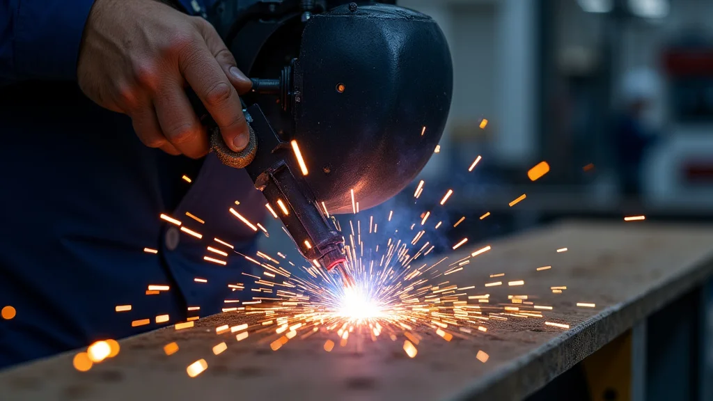 The image shows a welding machine's circuit breaker tripped due to an overload problem, illustrating a step for fixing it.