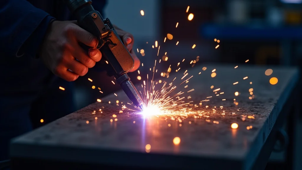 The image shows a welding machine emitting bright sparks, illustrating welding machine sparking issues.