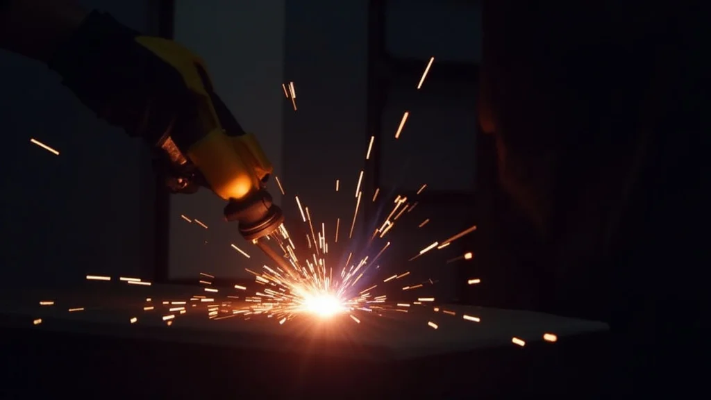 The image shows bright welding sparks excess, illustrating a common troubleshooting issue for welding machines.