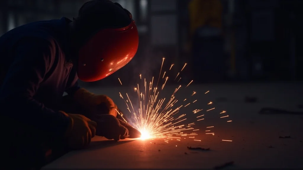 This image shows welding sparks flying from a machine, illustrating excessive sparks during welding troubleshooting.
