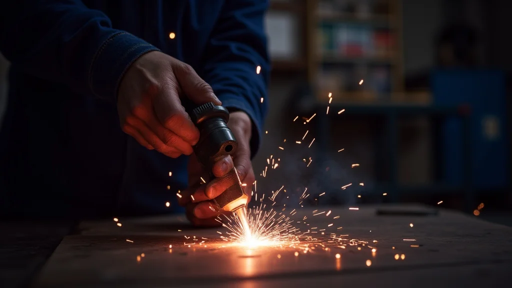 The image shows a welding machine with excessive sparks, illustrating the problem in a quick fix guide.