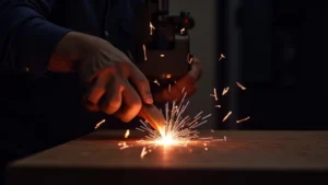 The image shows a welding machine with excessive sparks, illustrating the problem of Welding Machine Sparks Too Much? Troubleshoot.