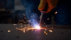 The image shows a close-up of a TIG welding torch creating a clean, precise bead, illustrating benefits of TIG welding.