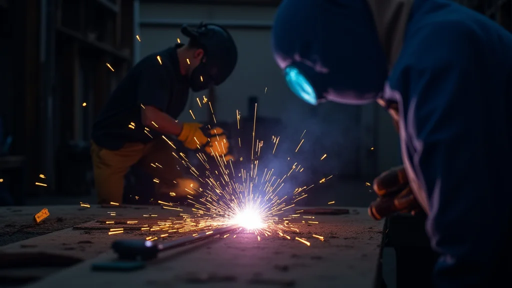 The image shows a welder wearing safety gear, illustrating best practices for welding safety.