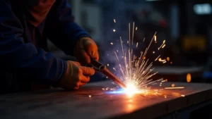 The image shows a welder working on a simple metal project, illustrating tips for beginner welding.