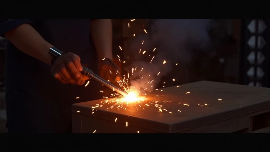 The image shows a person stick welding, demonstrating a key technique for beginners.