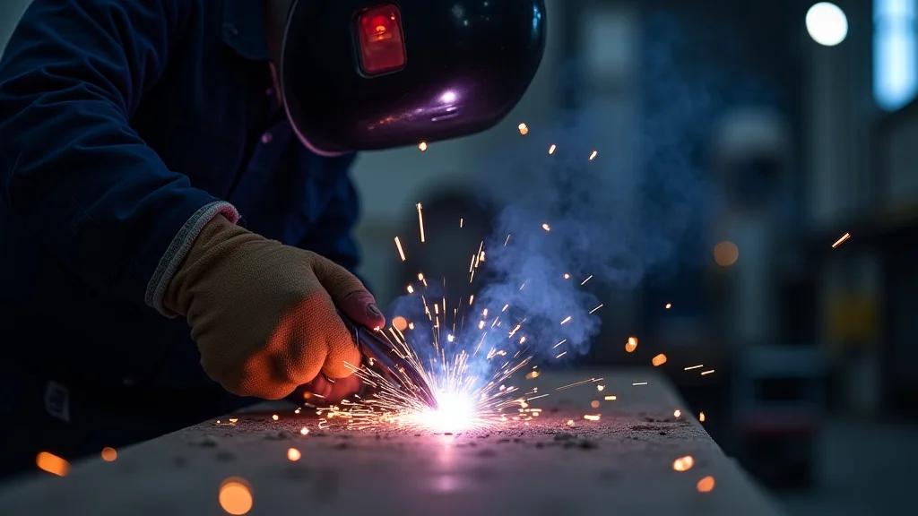 The image shows a welder wearing personal protective equipment, demonstrating common welding safety precautions.