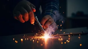 The image shows a close-up of a welding torch in action, demonstrating beginner welding techniques.