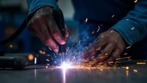 The image shows a close-up of welding sparks, suggesting signs of a failing welding machine.