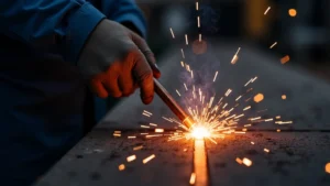 The image shows a close-up of unstable TIG welding arc causing spatter, illustrating arc instability.