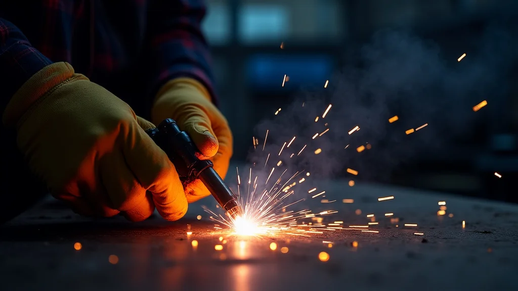 The image shows a MIG welding gun spraying molten aluminum, illustrating gas choices for welding.